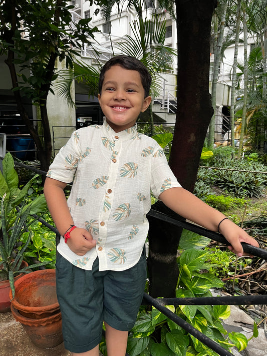 Koala Boys Half Sleeves Leafy Shirt with Olive Pants
