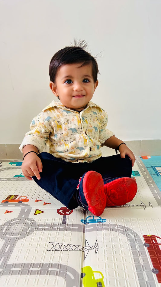 Koala Boys Animal Print Full Sleeve Organic Cotton Shirt with Navy Pants