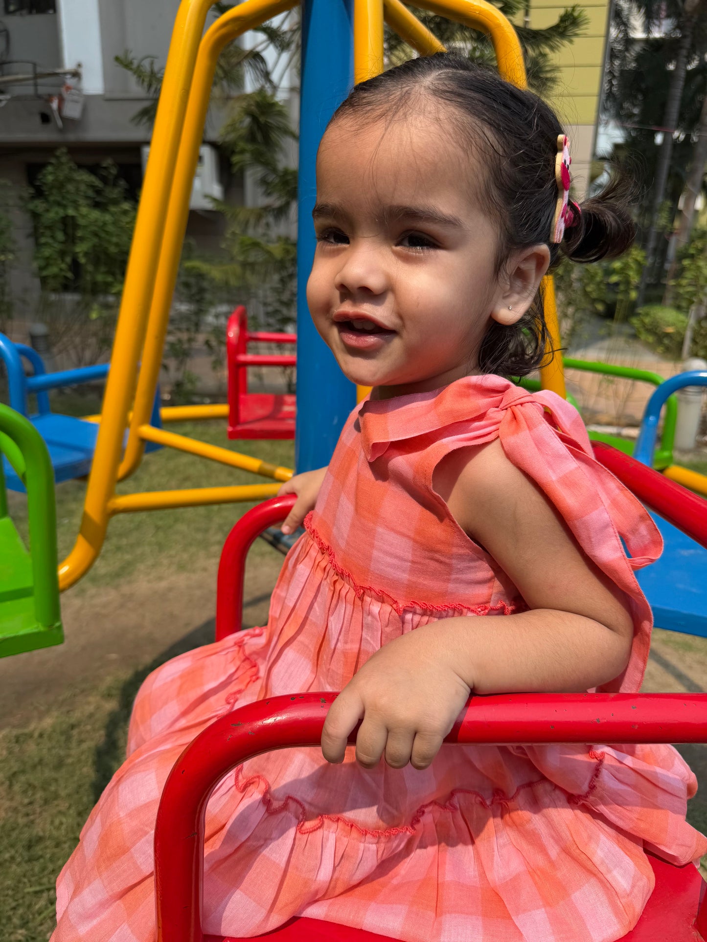 Koala Peach Checkered Muslin Dress