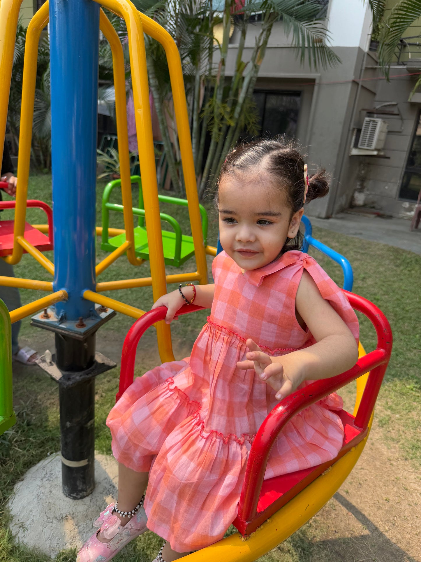 Koala Peach Checkered Muslin Dress