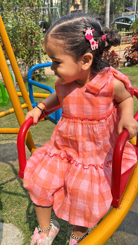 Koala Peach Checkered Muslin Dress