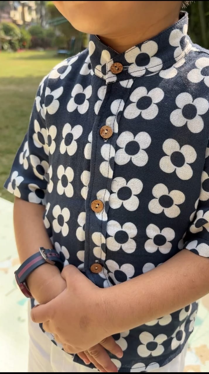 Koala Boys Navy Floral Organic Cotton Shirt & White Comfort Pant