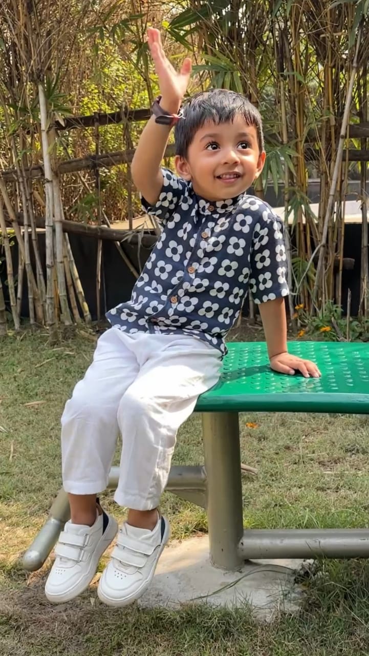 Koala Boys Navy Floral Organic Cotton Shirt & White Comfort Pant