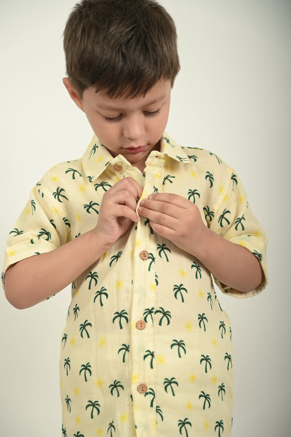 Koala Boys Tropical Yellow Half Sleeve Organic Cotton Shirt with Olive Pants